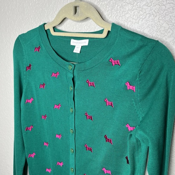 Women's XS Button Up Cardigan Sweater Scotty Dog Green Cotton Lightweight Preppy - Picture 3 of 13